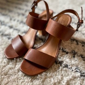 Madewell brown leather/wood open toe heels straps size 8.5